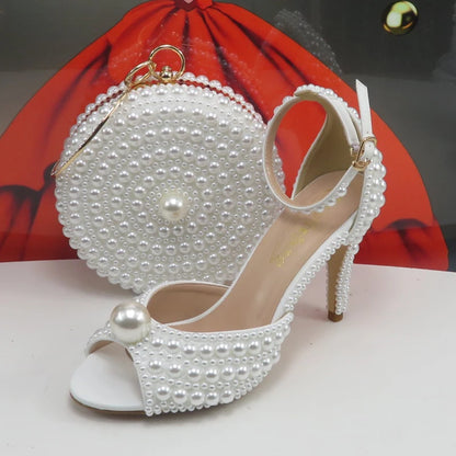 2024 New Arrival Customized White Female Sandals Bridal shoe bag set woman Thin Heel Big Pearl Girls fashion Sandals party Shoes