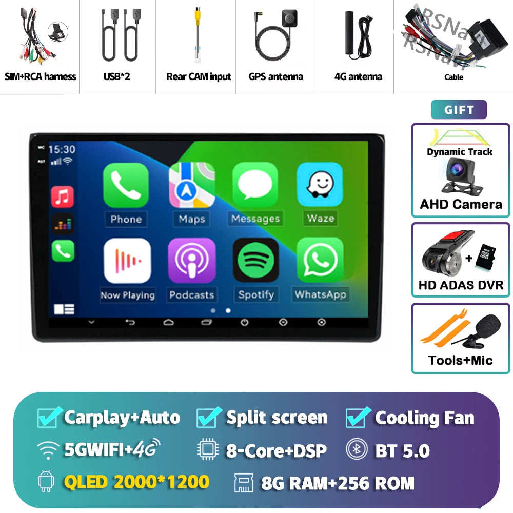 Android 14 Carplay Auto 2K Screen Car Radio Multimedia Player For Audi A4 2 3 B6 B7 S4 RS4 2000-2009 Autoradio Stereo Head Unit