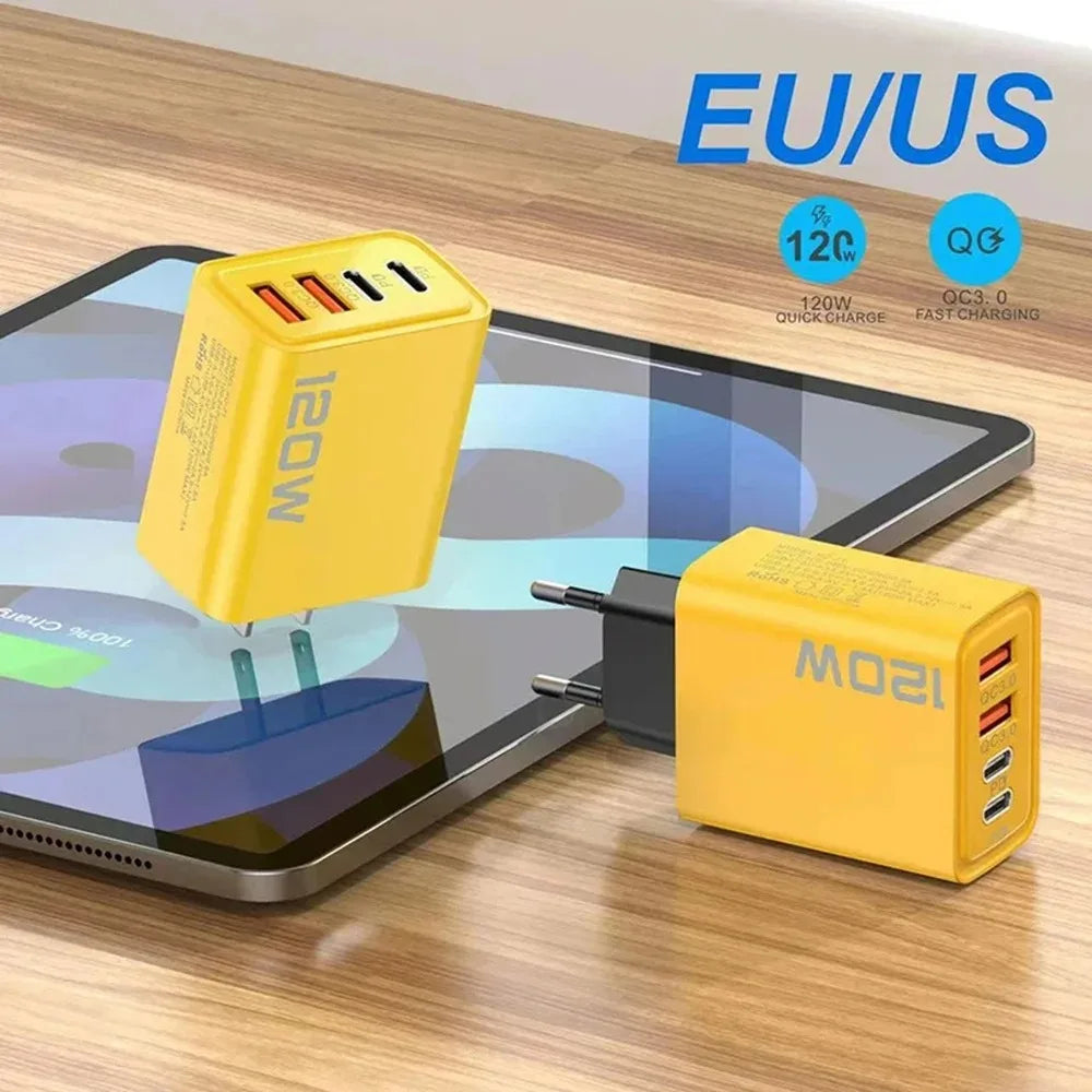 Total 120W USB Fast Charger 4 Ports PD Type C Quick Charge 3.0 Charger For iPhone 15 14 Samsung Xiaomi EU/US Plug Power Adapter