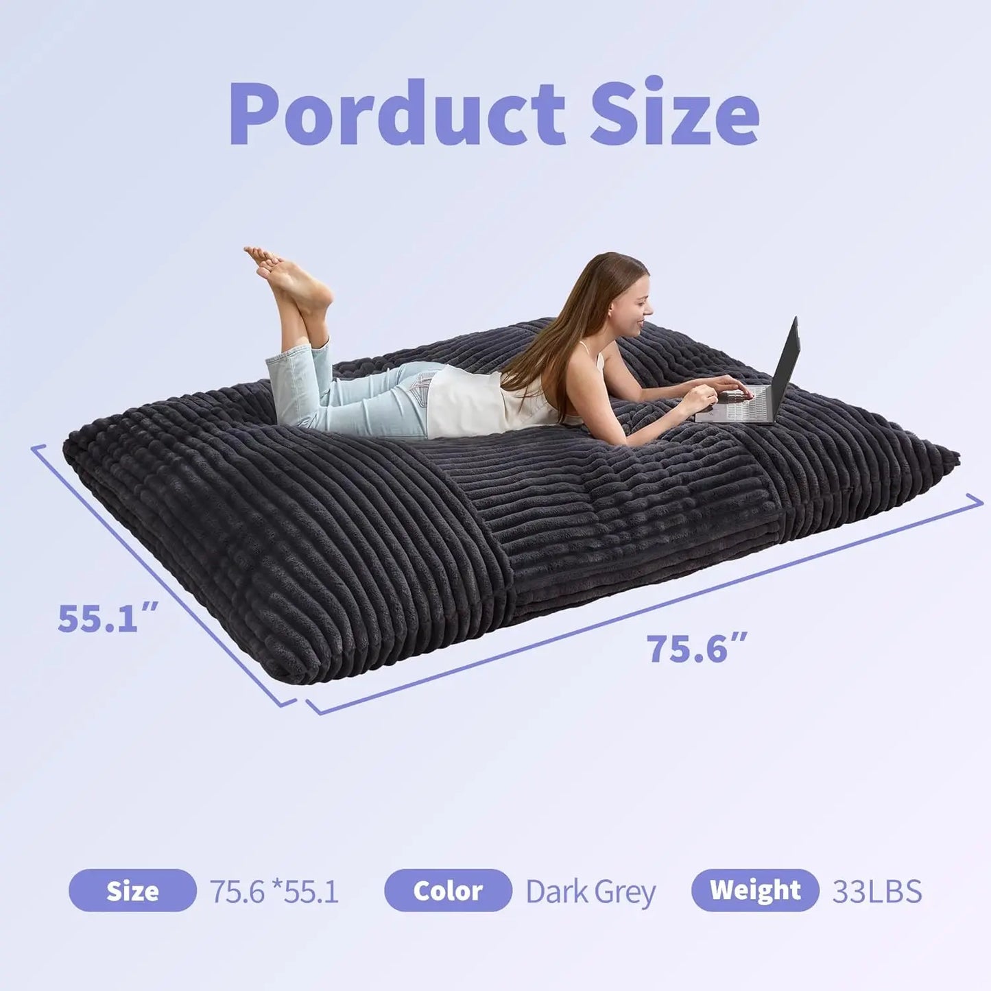3 in 1 Bean Bag Chair Giant Bean Bag Chairs Convertible Bean Bag Floor Cushion with Machine Washable Cover Beanbag Chairs