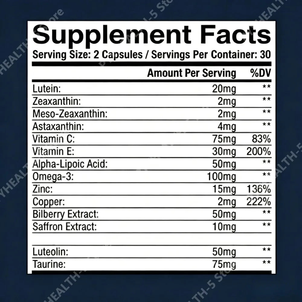 Lutein Zeaxanthin Astaxanthin Capsules with Bilberry Saffron, Daily Eye Nutrition Supplement for Adults, 60 Veg Capsules