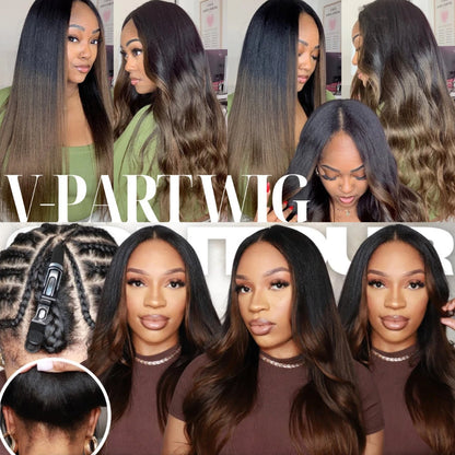 UNice Chestnut Brown Yaki V Part Wig 100% Human Hair Wigs With Drawstring Beginner Friendly Glueless Wig 150% Density