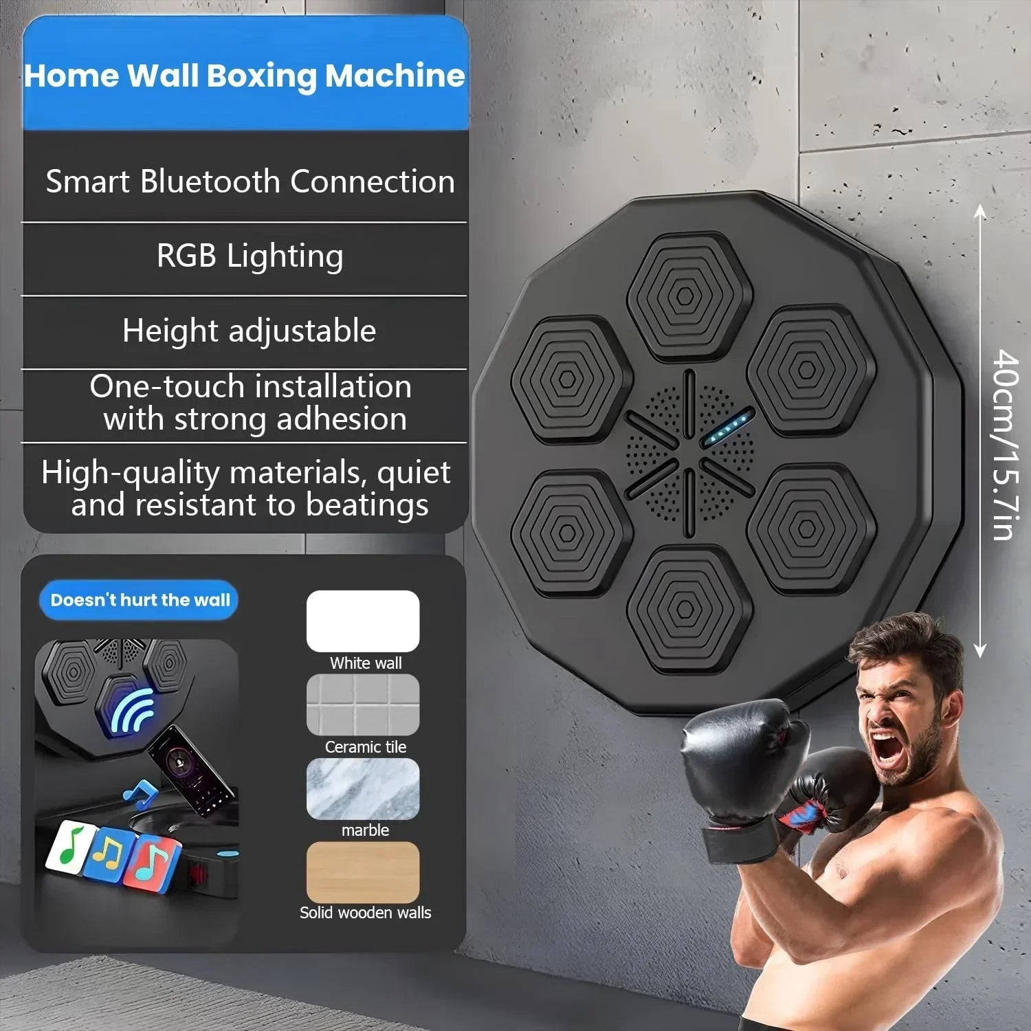 Wall Mounted Smart Musical Boxing Machine with LED Lights Smart Boxing Training Device USB Electronic Wall Mounted Boxing Mat