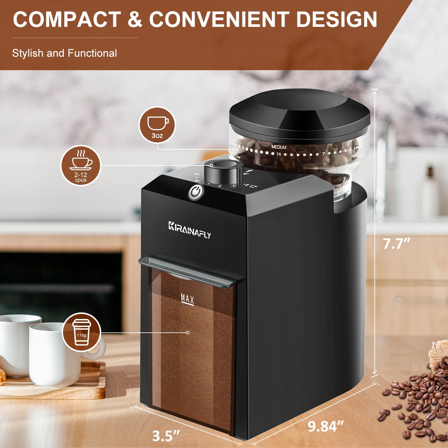 Merit Sell electric burr coffee grinder in black with compact design and coffee beans inside