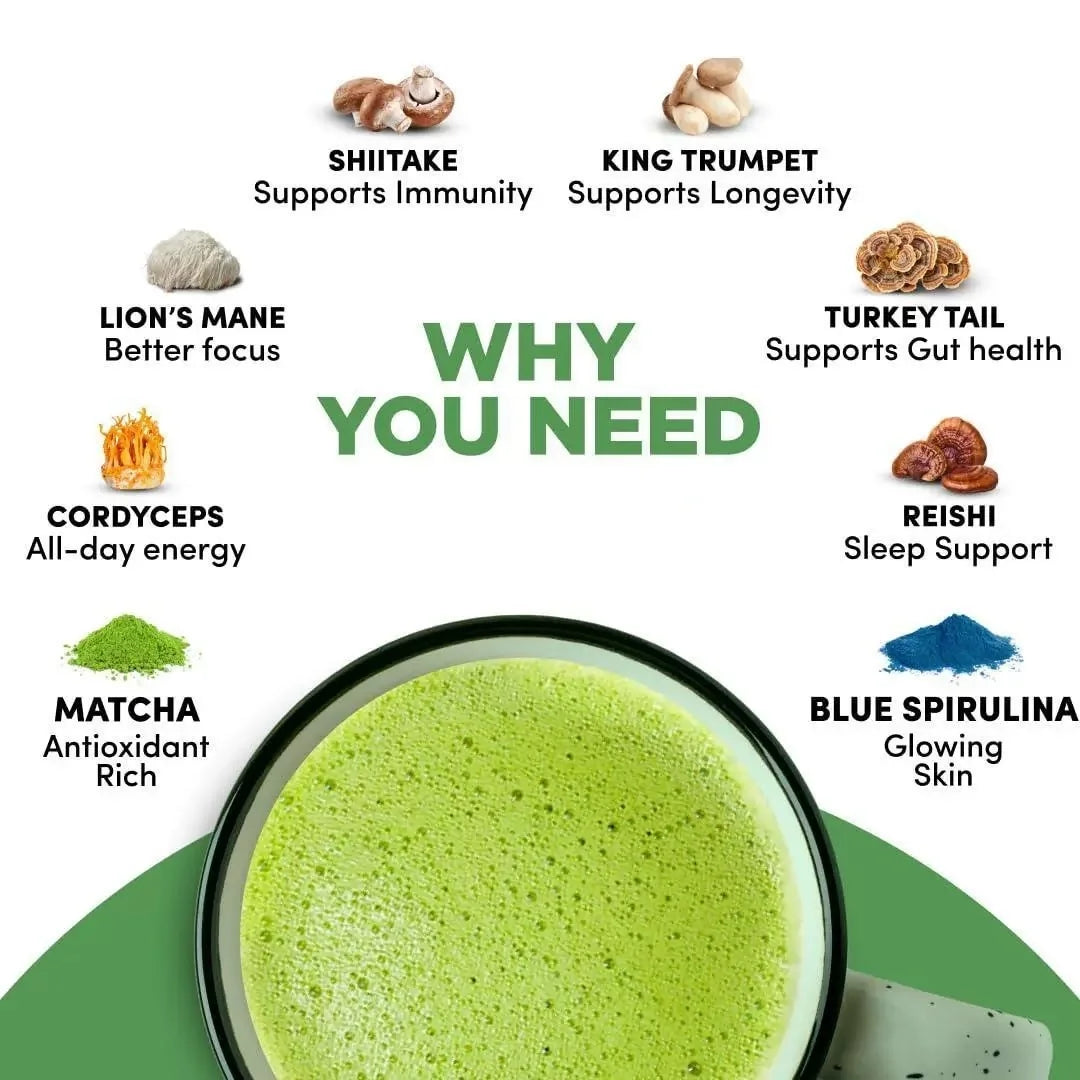 Organic Mushroom Matcha & Coffee, 2000mg Adaptogenic Blends, USDA Certified, Made in USA for Energy & Focus