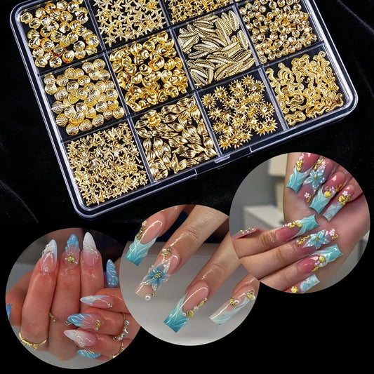 12 Shapes Mix Metal Nail Art Studs 3D Ocean Theme Design Gold Shell Seahorse Starfish Conch Alloy Nail Rivets Manicure Decor