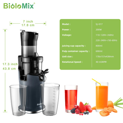 BioloMix 200W Cold Pressed Juicer with 78mm Feed Slot, Crushed Juice Extractor Fits Whole Fruits and Vegetables, Easy to Clean