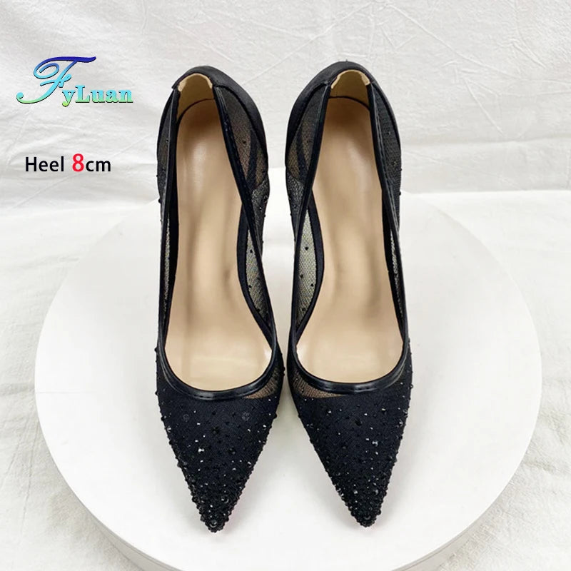 Breathable Mesh Rhinestone Shoes Women 8CM 10CM 12CM Stiletto Pumps Fashion Pointed Toe Summer Evening Party High Heels Black