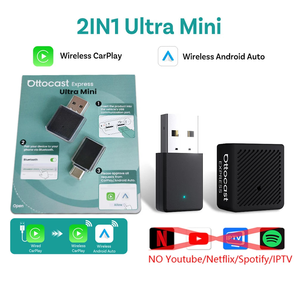Ottocast New Play2Video Pro Ai Box Wireless CarPlay Android Auto Adapter Built in Youtube Netflix for Car with Wired Carplay