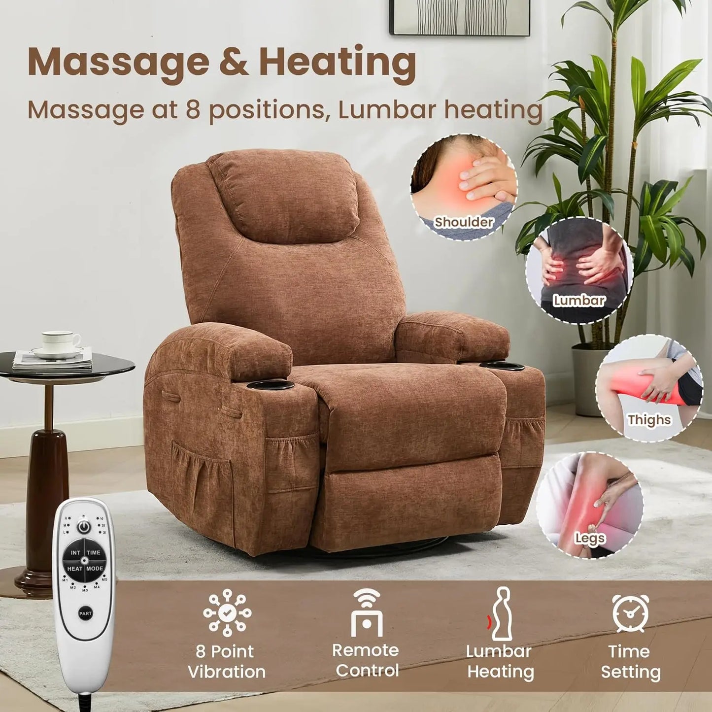 Comfy Recliner Chair with Massage and Heat for Adults,360° Swivel Rock Recliner Single Sofa w/Overstuffed Arms and Back, Custom