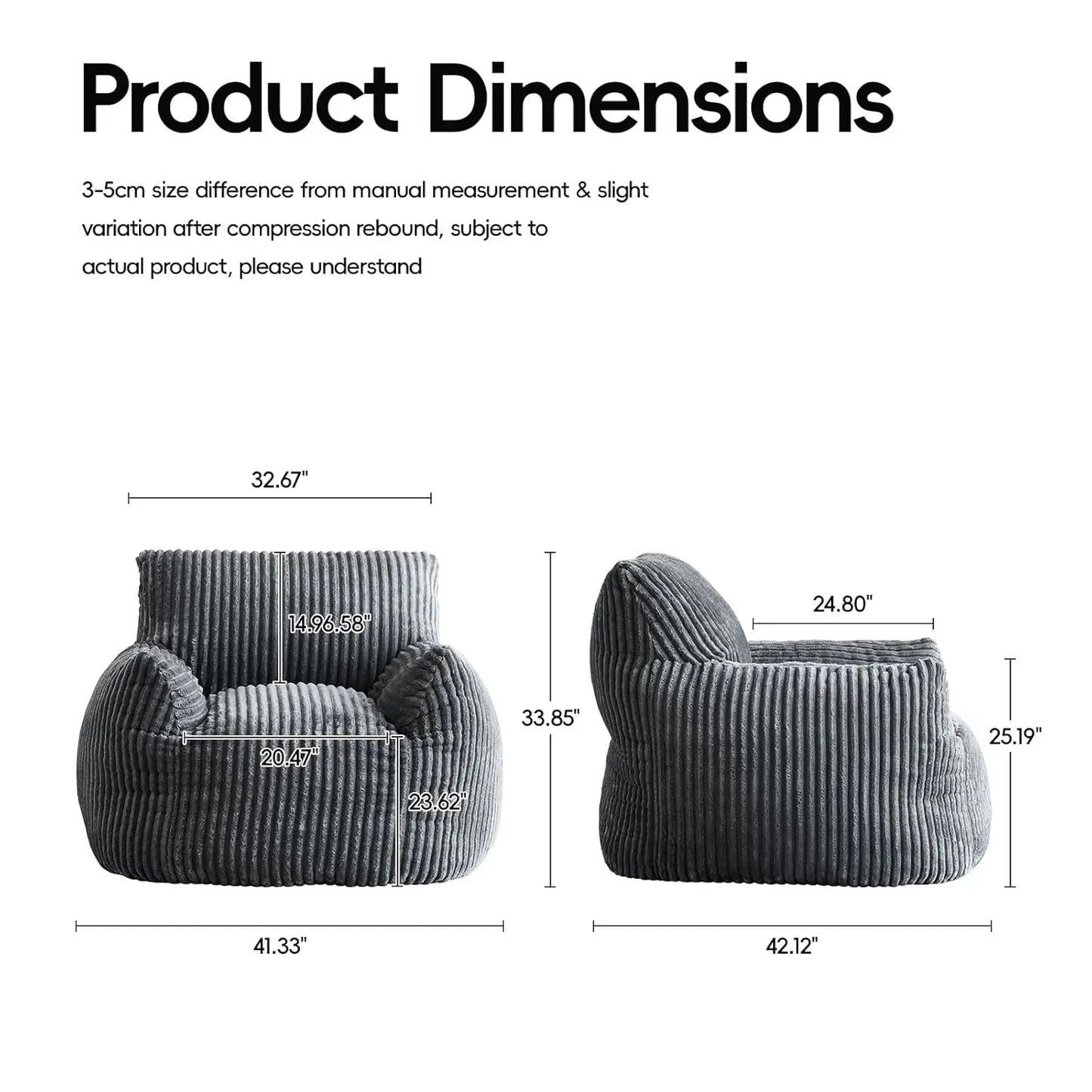 Adult Bean Bag Chair High Support Foam Cushion Corduroy Armrest Living Bedroom Gaming Gray Custom