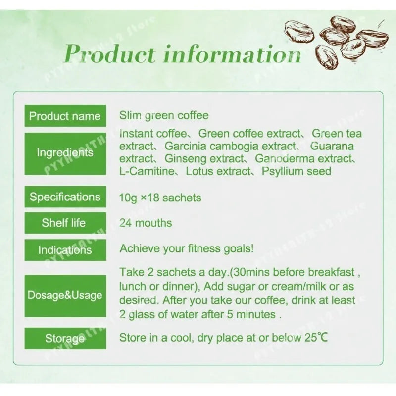Slim Green Coffee Ganoderma Green Tea Extract L Carnitine Garcinia Ginseng Guarana Instant Coffee Supplement 18 Sachets 180g
