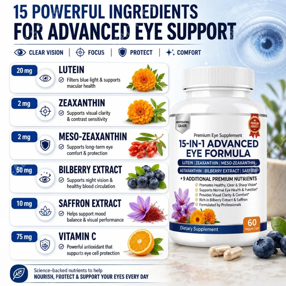 Lutein Zeaxanthin Astaxanthin Capsules with Bilberry Saffron, Daily Eye Nutrition Supplement for Adults, 60 Veg Capsules