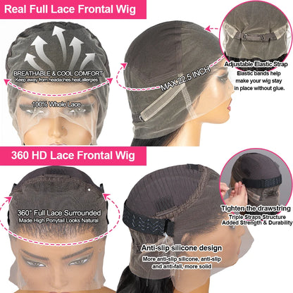 Straight 250 Density Real Full Lace Human Hair Wig Brazilian Pre Plucked 360 HD Full Lace Invisible Strap Snug Fit Wig For Women