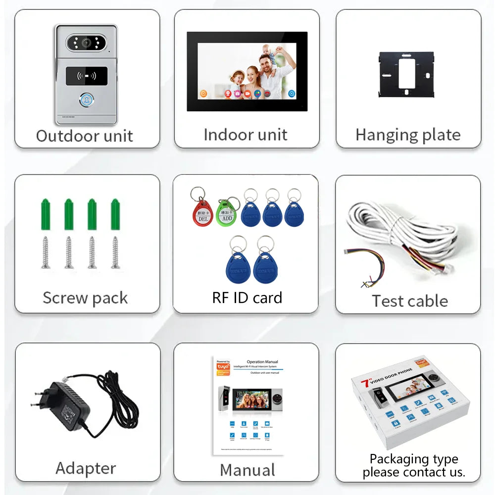 4 Wires support tuya app Wifi 1080P Video Intercom Video Door Phone 7'' Touch Monitor Video Doorbell Door Camera Security System