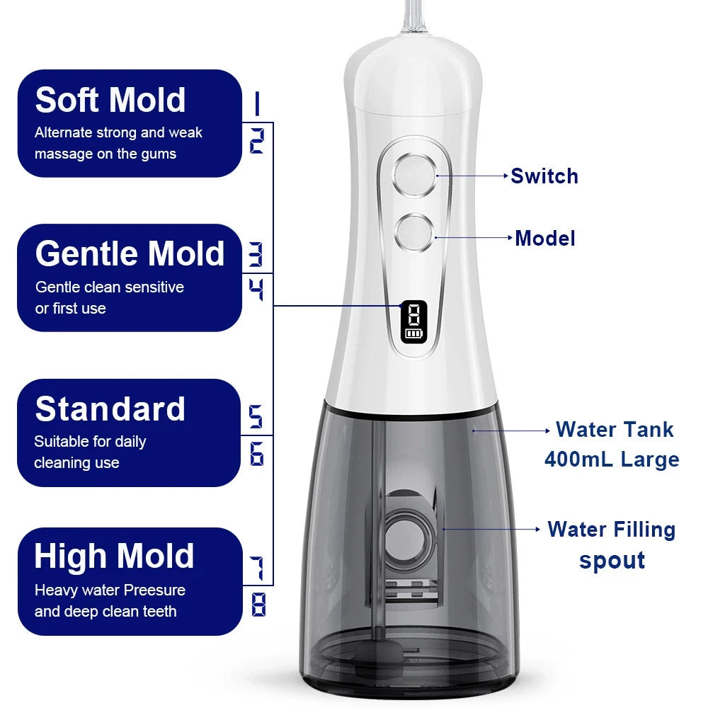 Electric Oral Irrigator 8 Modes Portable Water Flosser Rechargeable Waterproof Mouth Washing Machine 5 Jet Tips 400ML Water Tank