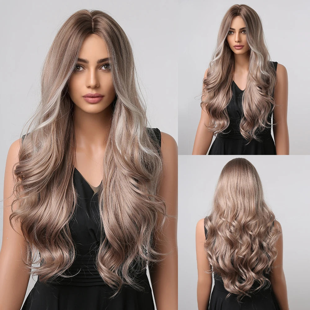 ALAN EATON Long Curly Wavy Synthetic Wigs for Women Brown to Blonde Ombre Hair Wig Ntural Middle Parted Party Wig Heat Resistant