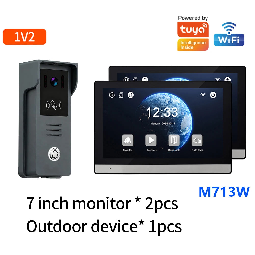 2-Wire Digital Video Intercom System 7 Inch Wireless WIFI APP Monitor 1080P Doorphone Camera Video Doorbell Card work with tuya