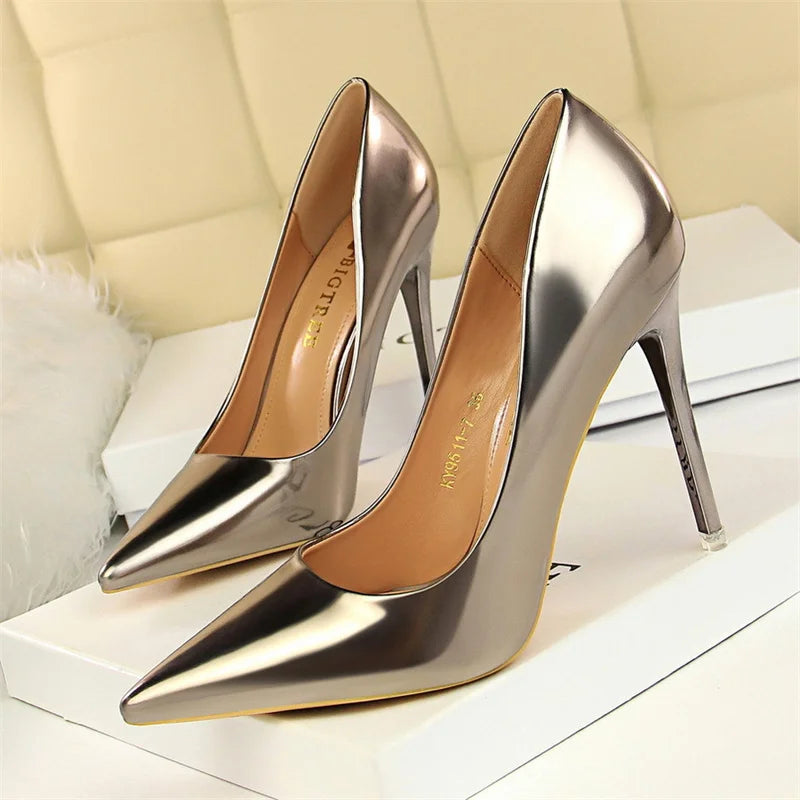 Fashion Metal Women Patent Leather Shallow Mouth Thin High Heel Shoes Elegant Comfort Pointed Toe Gold Silver Party Heel Pumps