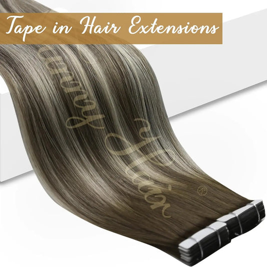 VeSunny Tape in Hair Extensions Human Hair Brown Balayage Cool Brown Fading to Ash Brown with Blonde Long Hair Extensions