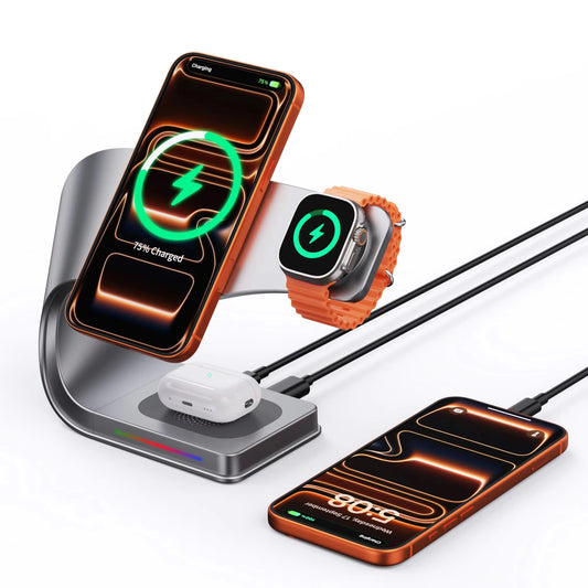 Wireless Charger Stand Metal Shell Magnetic 15W Fast Charging Station Stand for iPhone 12-17 Mobile Phones  Airpods Watch 4 in 1 - Merit Sell