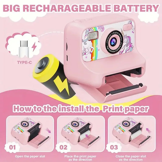 AMORUS Kids Instant Print Digital Camera Photo Label Thermal Print Camera for Girl Boys Gifts With 32G and 3 Rolls Printer Paper