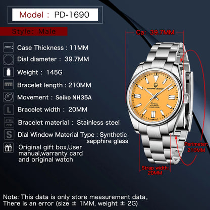 PAGANI DESIGN PD1690 Blue Men's Automatic Mechanical Watch Sapphire Glass 316Stainless Steel 100m Waterproof NH35A Clock Jubilee