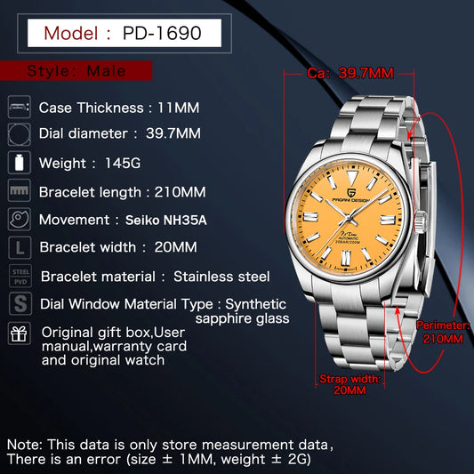 PAGANI DESIGN PD1690 Blue Men's Automatic Mechanical Watch Sapphire Glass 316Stainless Steel 100m Waterproof NH35A Clock Jubilee