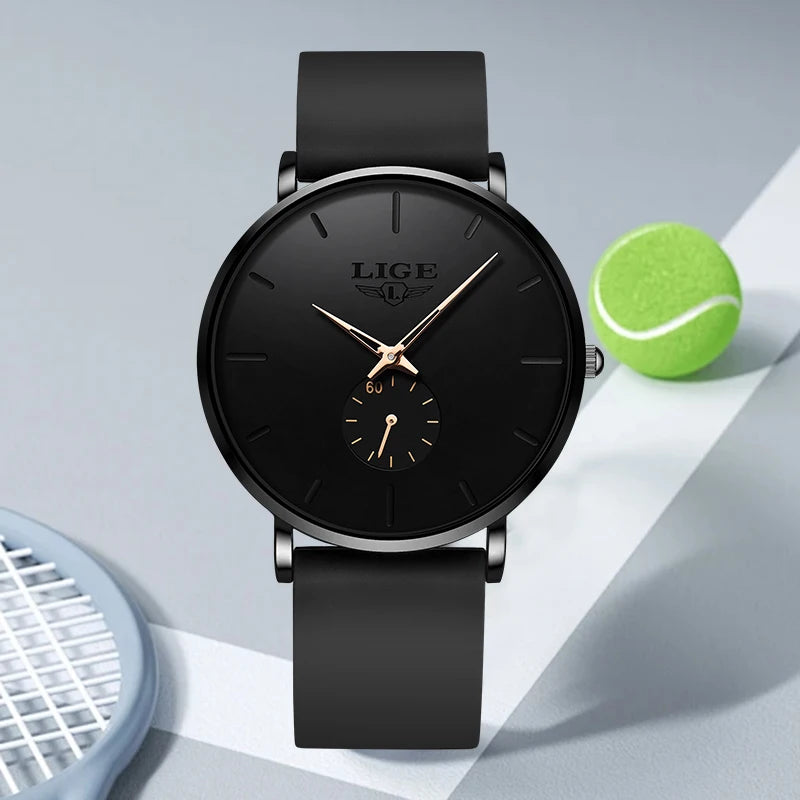 LIGE Fashion Simple Men Watch Silicone Strap 30M Waterproof Quartz Wrist Watch for Men Ultrathin Black Dial Watches reloj hombre