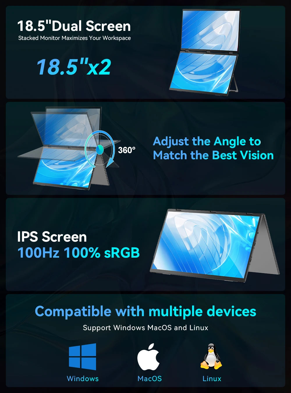 UPERFECT 18.5”100HZ Delta Portable Dual TouchScreen Monitor FHD HDR 360°Rotation Folding Triple Screen Laptop Display Extender