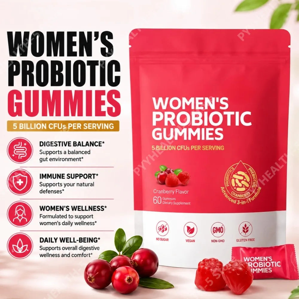 Women Probiotic Gummies with Prebiotic Fiber 5 Billion CFU Support Gut Digestive Balance Immune Defense Women PH Wellness 60 Ct