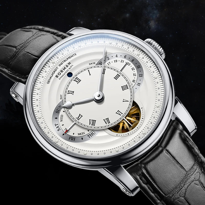 BORMAN Design Luxury Men Automatic Wrist Watch Skeleton Dial Genuine Leather Strap Sapphire Crystal Glass Automatic Watch