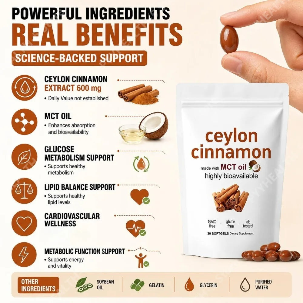 Ceylon Cinnamon Softgels, 600 Mg Ceylon Cinnamon Extract (12:1) for Glucose Metabolism Support and Lipid Balance, 30 Softgels