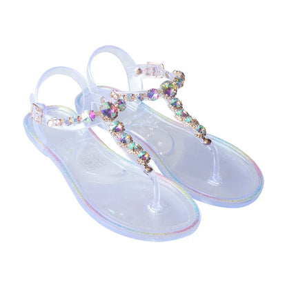 Women's Rhinestone T-Strap Clip Toe Jelly Flip Flop Sandals Summer Buckle Non-Slip Clear Crystal Thong Flat  for Beach Daily