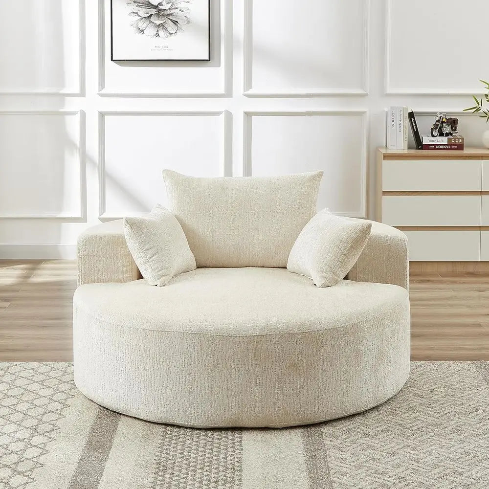 Oversized 55 Round Chenille Chaise Lounge Chair - Single Cloud Sofa, Sleeper for Living Room, Bedroom, and Projection Rooms, No