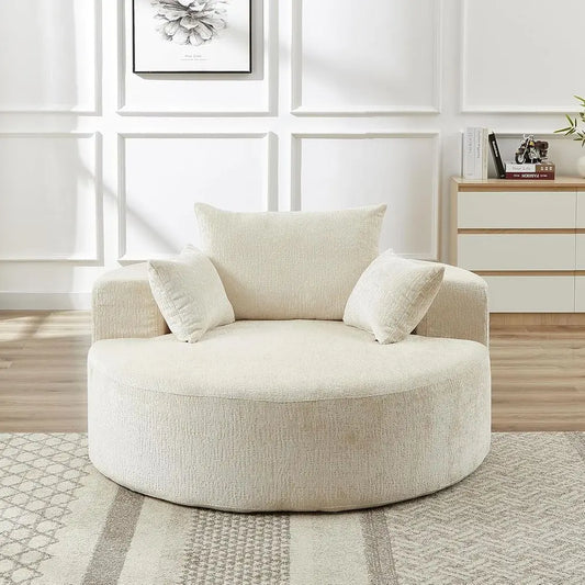 Oversized 55 Round Chenille Chaise Lounge Chair - Single Cloud Sofa, Sleeper for Living Room, Bedroom, and Projection Rooms, No