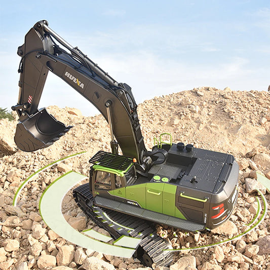 US Stock HUINA 1593 RC Excavator Rotation Alloy Green 1/14 22CH Remote Control Truck Screw Drive Double Track Engineering Toys