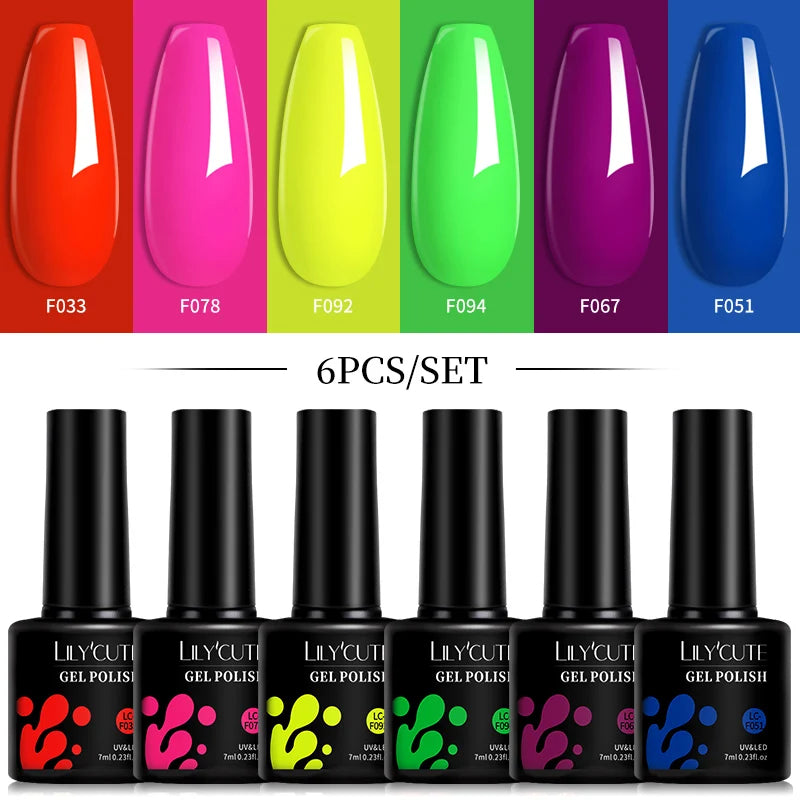 LILYCUTE 6Pcs/Set 7ML Gel DIY Nail Polish Bright Pink Semi Permanent Soak Off UV LED Gel Varnish Nail Art Design Manicure Kit - Merit Sell