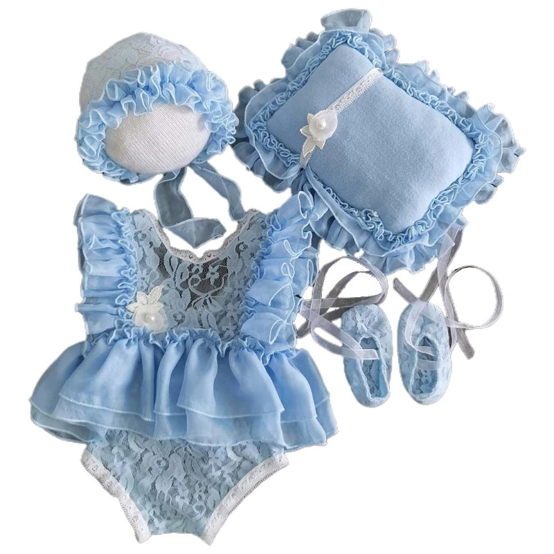 5 Pcs Newborn Photography Props Baby Lace Cute Romper Dress Hat Pillow Shorts Shoes Set Soft Cotton Bodysuit Jumpsuit