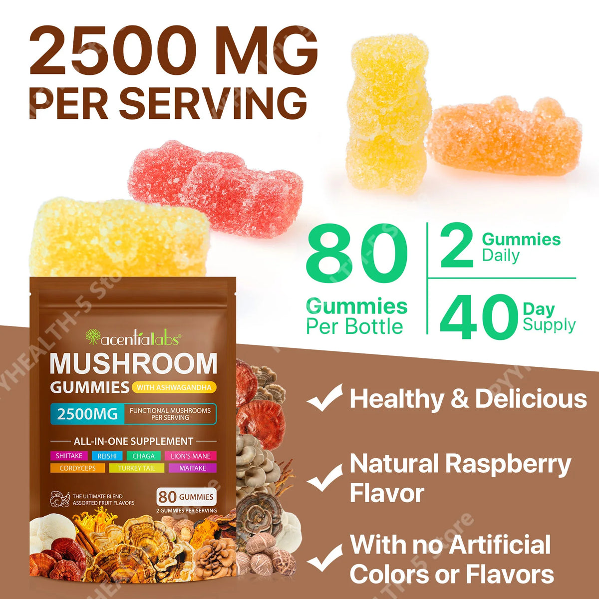 Mushroom Complex Gummies 2500mg Blend with Lion's Mane Reishi Chaga Cordyceps & Ashwagandha for Brain Focus Memory Clarity 80 Ct