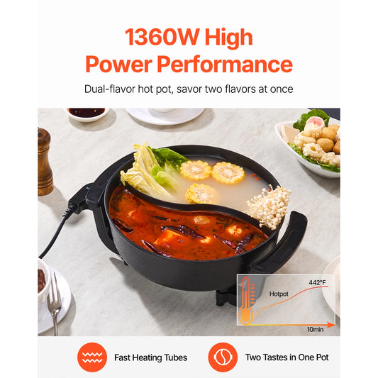 SucceBuy Electric Hot Pot 5 L Double-flavor Shabu Shabu Pot Non-Stick Electric Cooker with Divider Glass Lid for 6-10 People Merit Sell