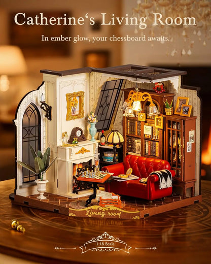 Robotime Rolife Catherine's Living Room DIY Miniature House Kit Wooden Dollhouse Model Building Kit With LED and Furniture DG175 - Merit Sell
