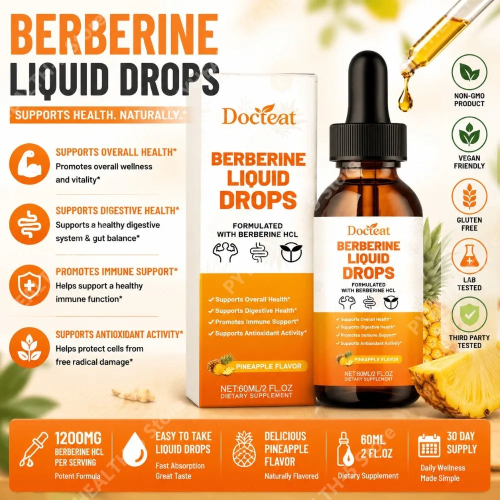 Docteat Berberine Liquid Drops Pineapple Flavor with Green Coffee Bean, Ceylon Cinnamon, Milk Thistle, 2 Ml, 30 Servings