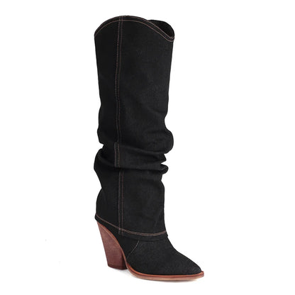 Kcenid Women Denim Knee High Boots Pointed Toe Slip-on Women High Heels Long Boots Sexy Pleated Solid Party Shoes Woman
