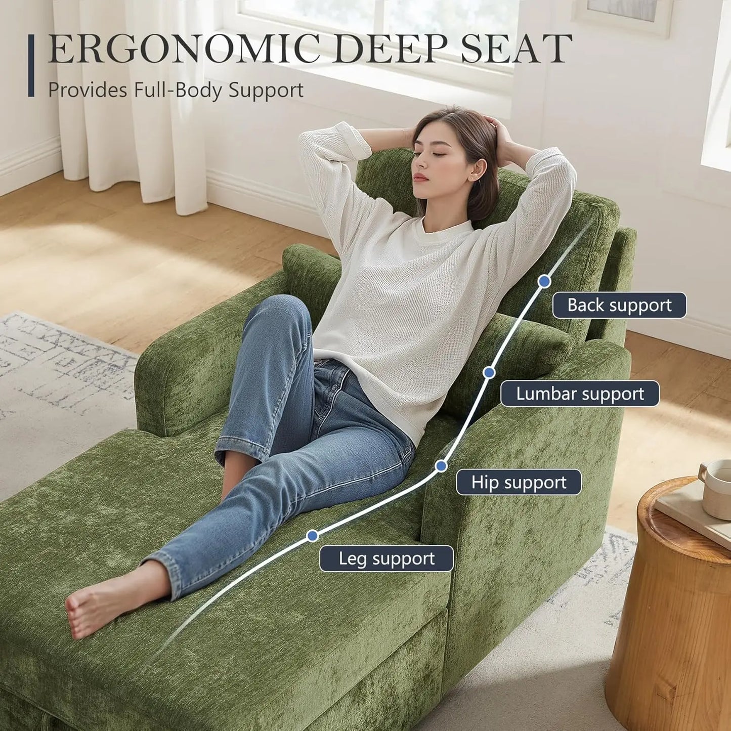 Chaise Lounge Chair Indoor with 2-Position Adjustable Backrest & Storage Space, Chenille Lounge Sofa Chair with 2, Customized