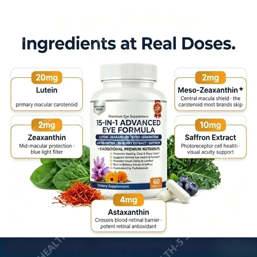 Lutein Zeaxanthin Astaxanthin Capsules with Bilberry Saffron, Daily Eye Nutrition Supplement for Adults, 60 Veg Capsules