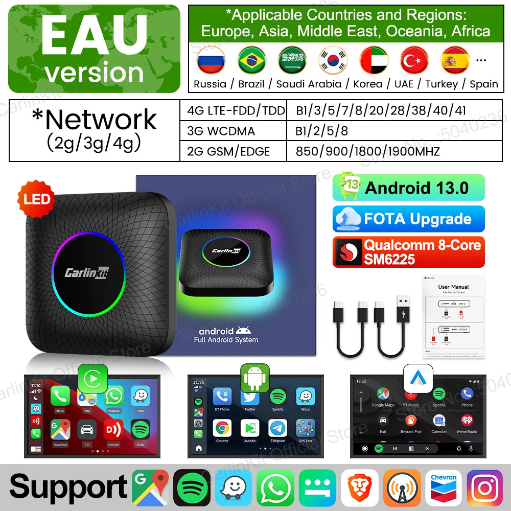 CarlinKit Android 13 SDM660 6225 CarPlay Ai Box LED 8-Cores Wireless Android Auto& CarPlay Car USB Adapter 64G 128G FOTA Upgrade