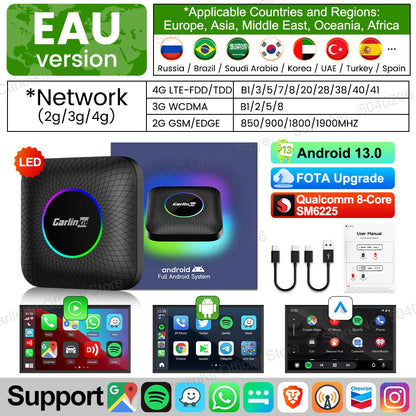CarlinKit Android 13 SDM660 6225 CarPlay Ai Box LED 8-Cores Wireless Android Auto& CarPlay Car USB Adapter 64G 128G FOTA Upgrade
