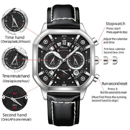 CHENXI High Quality Multifunctional Business Leisure Watches For Man Square Dial Leather Strap Quartz Wristwatches Clock Gifts