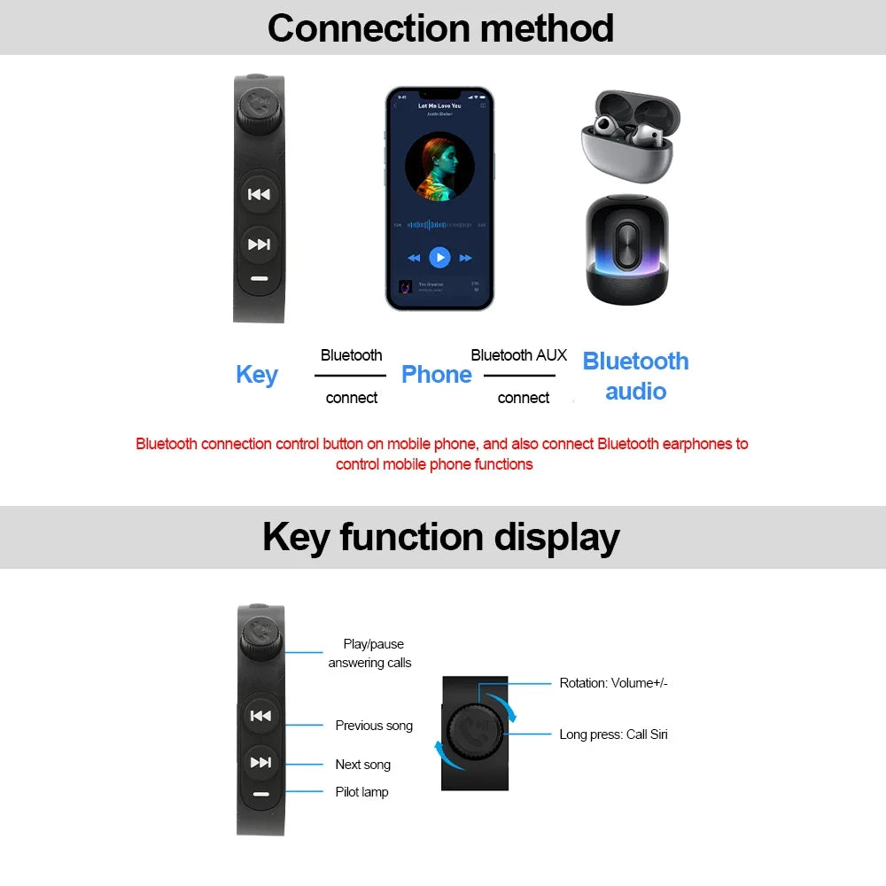 Wireless Bluetooth 5.3 media Button Remote Controller Motorcycle Helmet Earphone Car Steering Wheel MP3 Music Play For Phones
